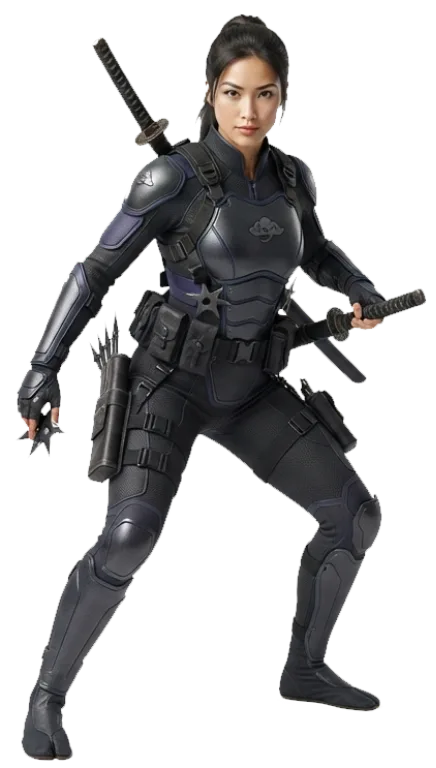A ninja standing ready, sword drawn.